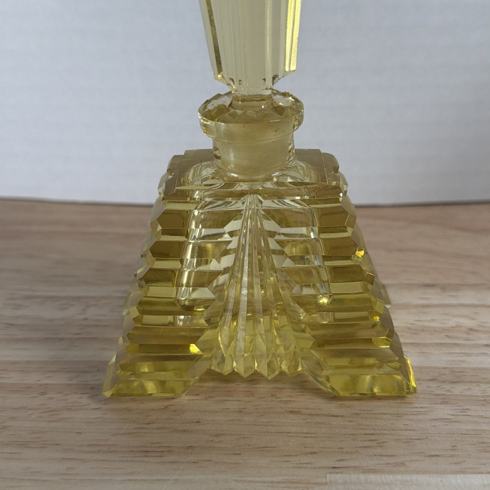 Art Deco Yellow Cut Crystal Glass Etched Perfume Bottle With Stopper Czech - Picture 4 of 15